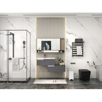 HMR - Black Exposed Rainfall Shower System with Handshower & Stone Rack Solid Brass