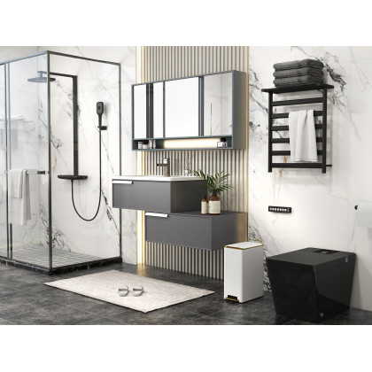 HMR - Black Exposed Rainfall Shower System with Handshower & Stone Rack Solid Brass