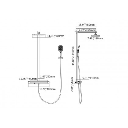HMR - Black Exposed Rainfall Shower System with Handshower & Stone Rack Solid Brass