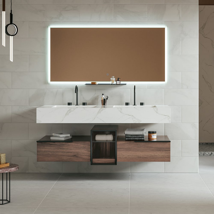HMR - 59" Floating White & Brown Bathroom Vanity Set with Double Sink Two Shelves