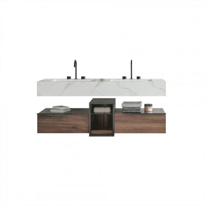 HMR - 59" Floating White & Brown Bathroom Vanity Set with Double Sink Two Shelves