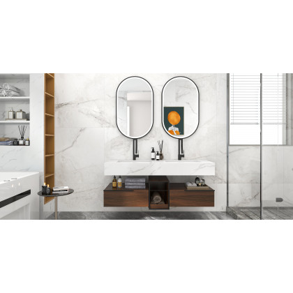 HMR - 59" Floating White & Brown Bathroom Vanity Set with Double Sink Two Shelves