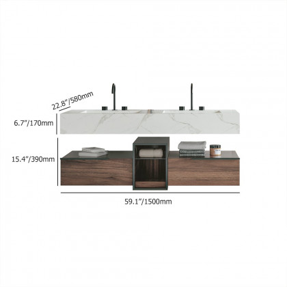 HMR - 59" Floating White & Brown Bathroom Vanity Set with Double Sink Two Shelves