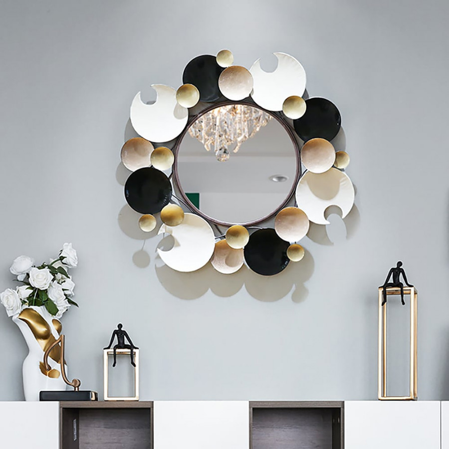 HMR - 28.1" Modern 3D Round Plates Overlapping Metal Wall Mirror for Entryway