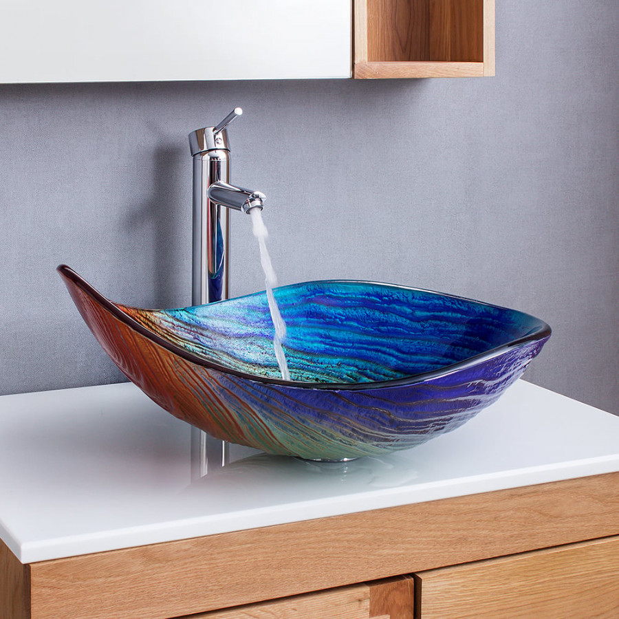HMR - Multicolor Teardrop-Shaped Bathroom Vessel Sink in Tempered Glass