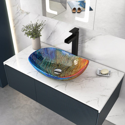HMR - Multicolor Teardrop-Shaped Bathroom Vessel Sink in Tempered Glass