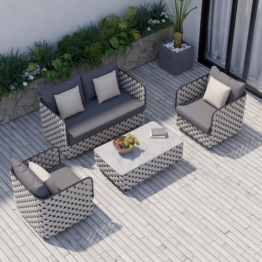 HMR - Martic 4-Pieces Aluminum Rope Outdoor Sofa Set with Faux Marble Coffee Table Cushion Pillow