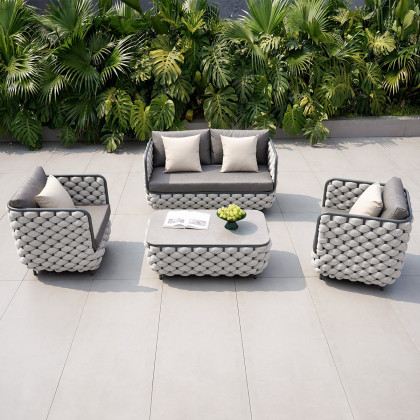 HMR - Martic 4-Pieces Aluminum Rope Outdoor Sofa Set with Faux Marble Coffee Table Cushion Pillow