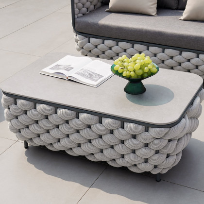 HMR - Martic 4-Pieces Aluminum Rope Outdoor Sofa Set with Faux Marble Coffee Table Cushion Pillow
