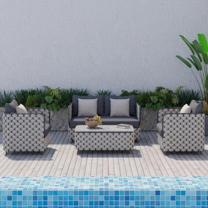 HMR - Martic 4-Pieces Aluminum Rope Outdoor Sofa Set with Faux Marble Coffee Table Cushion Pillow