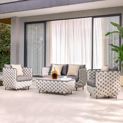 HMR - Martic 4-Pieces Aluminum Rope Outdoor Sofa Set with Faux Marble Coffee Table Cushion Pillow
