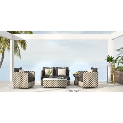 HMR - Martic 4-Pieces Aluminum Rope Outdoor Sofa Set with Faux Marble Coffee Table Cushion Pillow