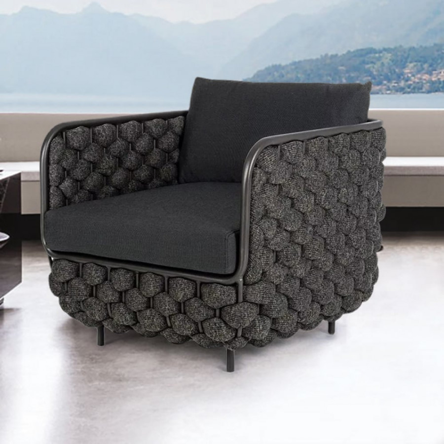 HMR - 27.6" Wide Modern Aluminum & Rope Outdoor Patio Sofa with Cushion in Black