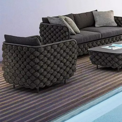 HMR - 27.6" Wide Modern Aluminum & Rope Outdoor Patio Sofa with Cushion in Black