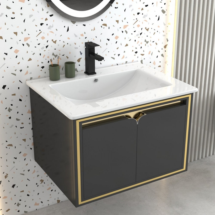 HMR - 24" Floating Bathroom Vanity Set Ceramics Single Sink with Drain in Black & Gold