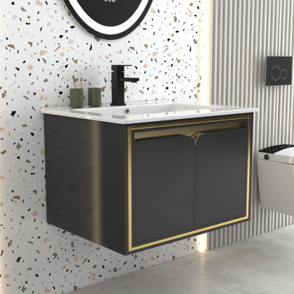 HMR - 24" Floating Bathroom Vanity Set Ceramics Single Sink with Drain in Black & Gold