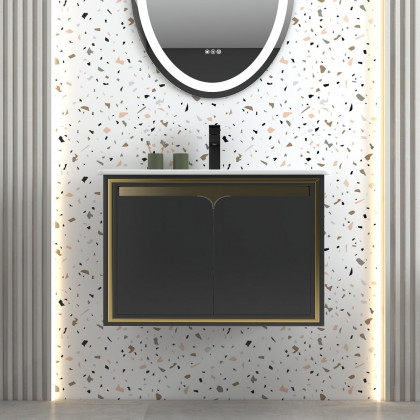 HMR - 24" Floating Bathroom Vanity Set Ceramics Single Sink with Drain in Black & Gold