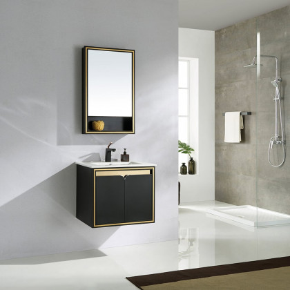 HMR - 24" Floating Bathroom Vanity Set Ceramics Single Sink with Drain in Black & Gold