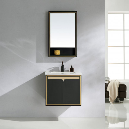 HMR - 24" Floating Bathroom Vanity Set Ceramics Single Sink with Drain in Black & Gold