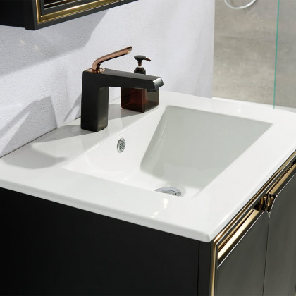 HMR - 24" Floating Bathroom Vanity Set Ceramics Single Sink with Drain in Black & Gold