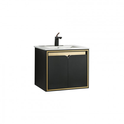 HMR - 24" Floating Bathroom Vanity Set Ceramics Single Sink with Drain in Black & Gold