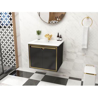 HMR - 24" Floating Bathroom Vanity Set Ceramics Single Sink with Drain in Black & Gold