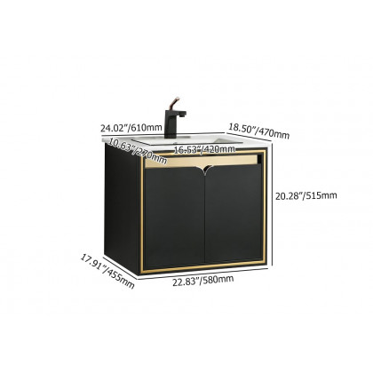 HMR - 24" Floating Bathroom Vanity Set Ceramics Single Sink with Drain in Black & Gold