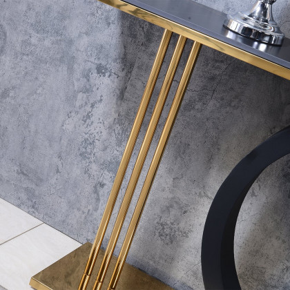 HMR - 55" Post Modern Black Geometry Console Table Sintered Stone Top Stainless Steel Frame