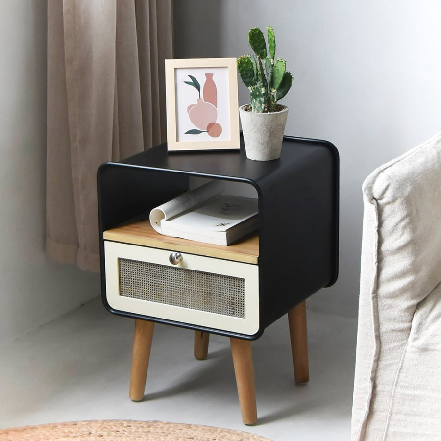 HMR - Rustic Small Nightstand in Black Square Bedside Table with Drawer & Shelf & Wooden Legs
