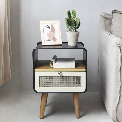 HMR - Rustic Small Nightstand in Black Square Bedside Table with Drawer & Shelf & Wooden Legs