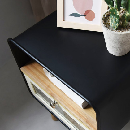HMR - Rustic Small Nightstand in Black Square Bedside Table with Drawer & Shelf & Wooden Legs