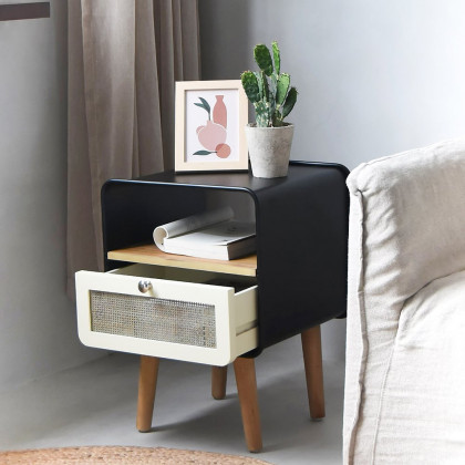 HMR - Rustic Small Nightstand in Black Square Bedside Table with Drawer & Shelf & Wooden Legs