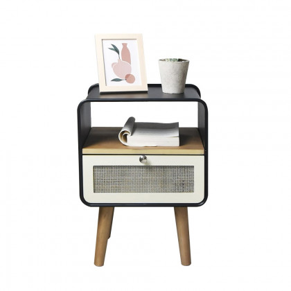 HMR - Rustic Small Nightstand in Black Square Bedside Table with Drawer & Shelf & Wooden Legs