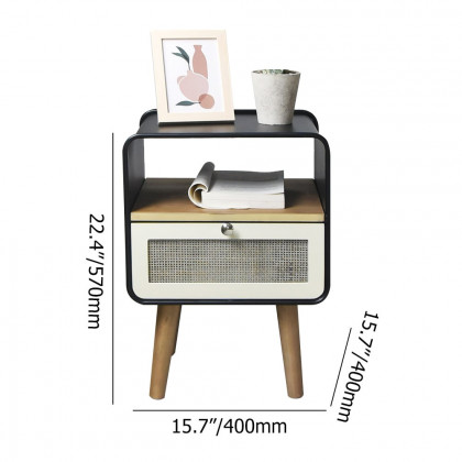 HMR - Rustic Small Nightstand in Black Square Bedside Table with Drawer & Shelf & Wooden Legs
