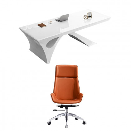 HMR - 2-Pieces Concise Modern White Office Desk and Adjustable Chair