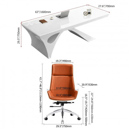 HMR - 2-Pieces Concise Modern White Office Desk and Adjustable Chair
