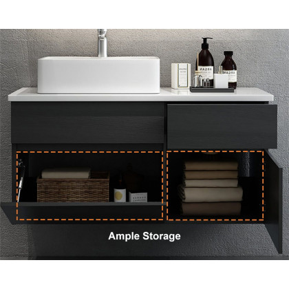 HMR - Modern Floating Bathroom Vanity Set with Faux Marble Top & Double Ceramic with Vessel Sink
