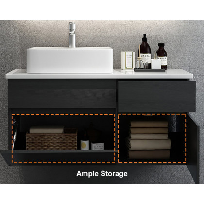 HMR - Modern Floating Bathroom Vanity Set with Faux Marble Top & Double Ceramic with Vessel Sink