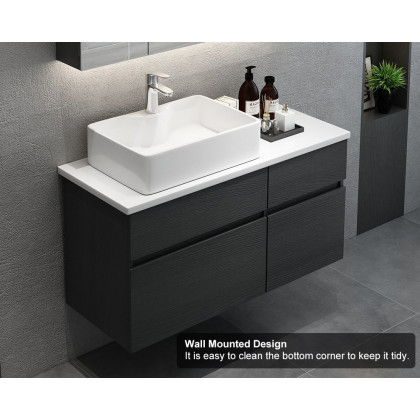 HMR - Modern Floating Bathroom Vanity Set with Faux Marble Top & Double Ceramic with Vessel Sink