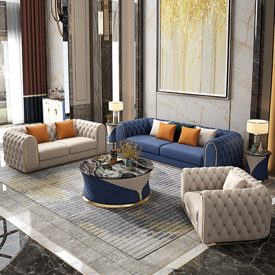 HMR - 3-Piece Blue & Beige Luxury Velvet Upholstered Chesterfield Sofa Living Room Set