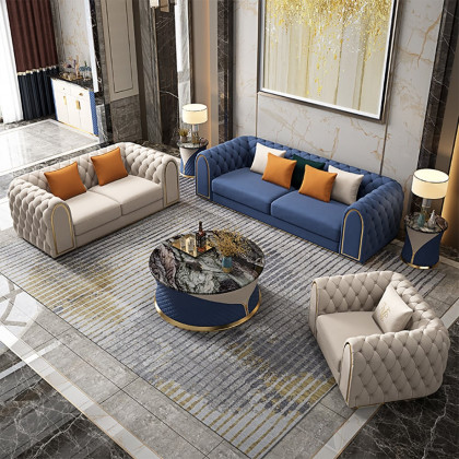 HMR - 3-Piece Blue & Beige Luxury Velvet Upholstered Chesterfield Sofa Living Room Set