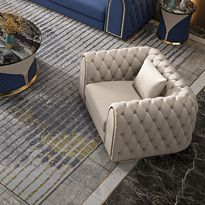HMR - 3-Piece Blue & Beige Luxury Velvet Upholstered Chesterfield Sofa Living Room Set