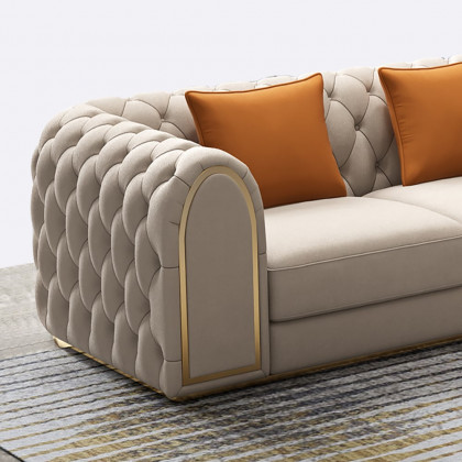 HMR - 3-Piece Blue & Beige Luxury Velvet Upholstered Chesterfield Sofa Living Room Set