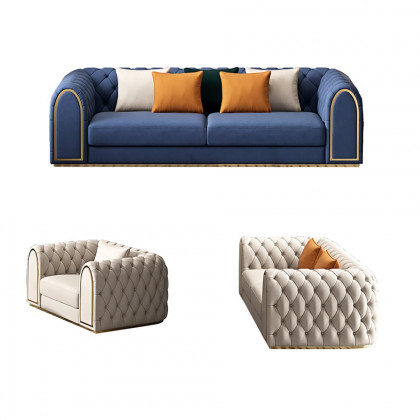HMR - 3-Piece Blue & Beige Luxury Velvet Upholstered Chesterfield Sofa Living Room Set