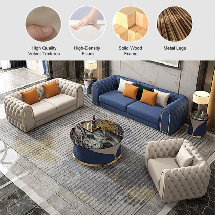 HMR - 3-Piece Blue & Beige Luxury Velvet Upholstered Chesterfield Sofa Living Room Set