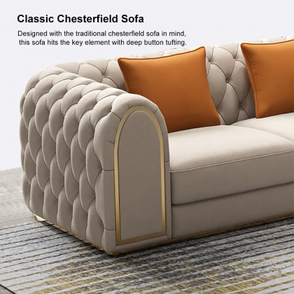 HMR - 3-Piece Blue & Beige Luxury Velvet Upholstered Chesterfield Sofa Living Room Set