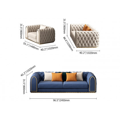 HMR - 3-Piece Blue & Beige Luxury Velvet Upholstered Chesterfield Sofa Living Room Set
