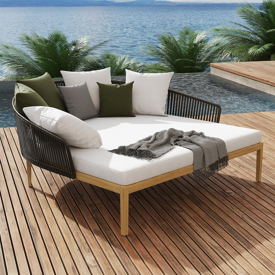 HMR - Modern Style Rattan & Metal Outdoor Patio Daybed with Cushion Pillow
