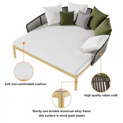 HMR - Modern Style Rattan & Metal Outdoor Patio Daybed with Cushion Pillow