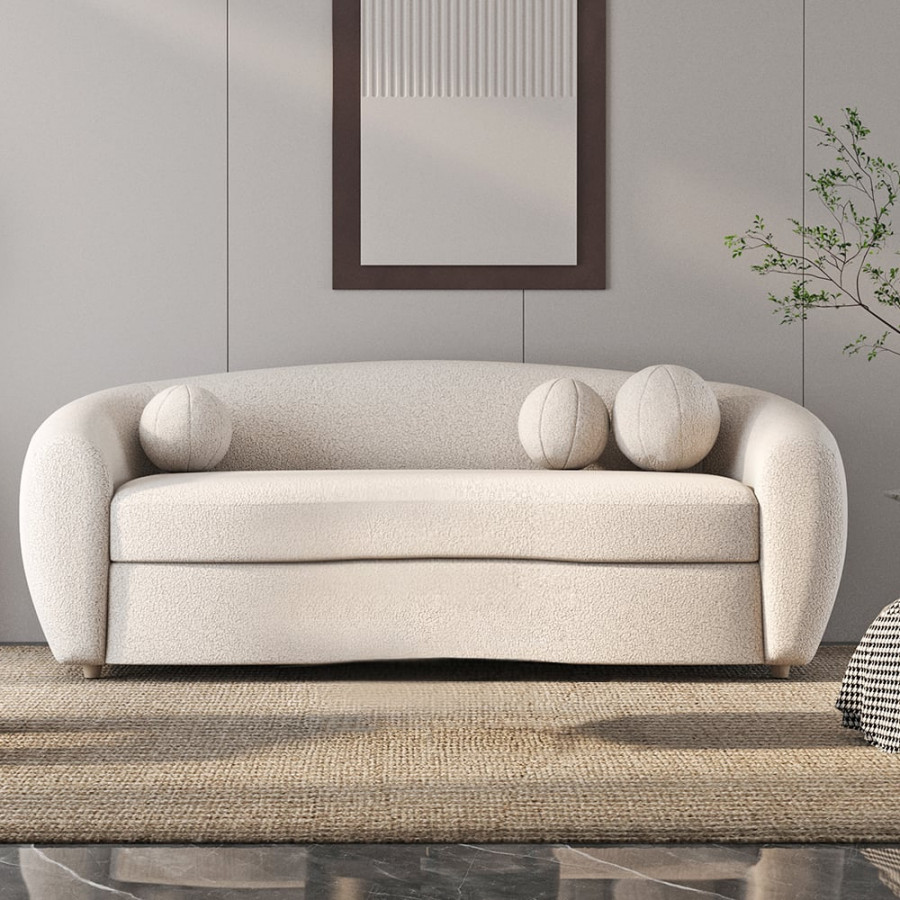 HMR - 82" Modern White Teddy Velvet 3 Seaters Curved Sofa for Living Room